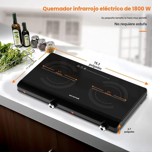Miniatura 2 de Placa eléctrica infrarroja de doble quemador – Estufa portátil de 1800 W, calentamiento en segundos, encimera para dormitorio, compatible con todos