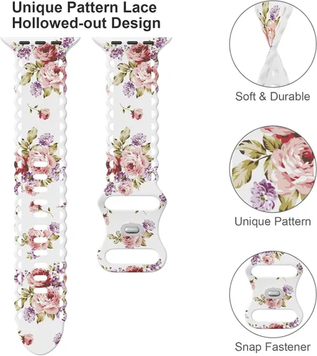 Miniatura 3 de Compatible con Apple Watch Banda de 41mm 40mm 38mm 49mm 45mm 44mm 42mm para Mujeres, Detalles de Rosa Floral Impresos en Encaje Hueco de Silicona