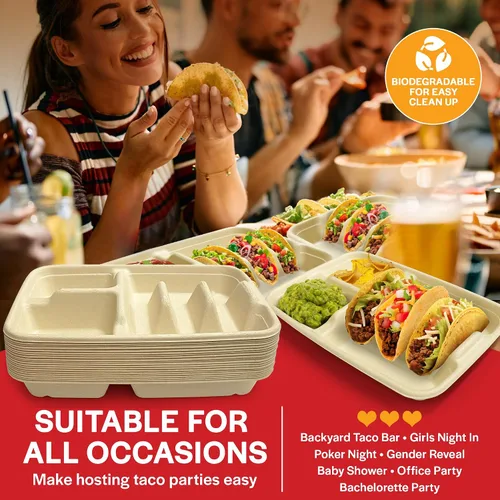 Miniatura 7 de Platos de taco de 3 y 2 lados, platos de papel desechables con divisores - Paquete de 25 Bandeja de tacos para fiesta, soporte de tacos
