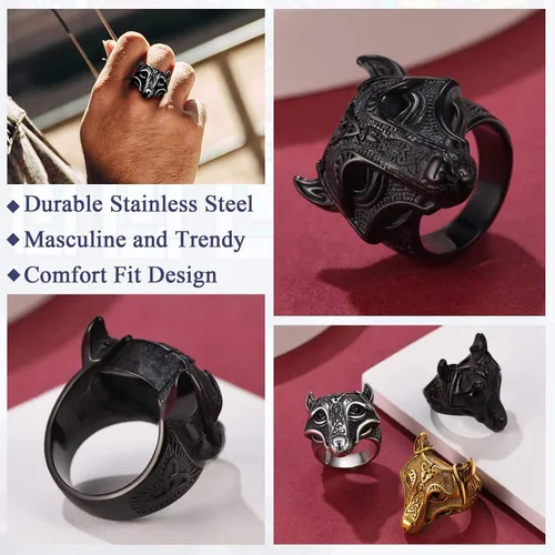 Miniatura 3 de FaithHeart Norse Viking Jewelry - Anillo de acero inoxidable de guerrero para hombre con diseño vikingo de cabeza de lobomartillo de Thor