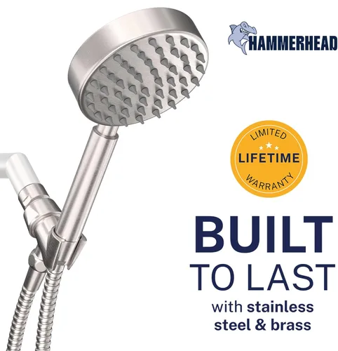 Miniatura 2 de HammerHead Showers® Cabezal de ducha de mano de metal sólido con manguera y soporte de latón, níquel cepillado, cabezales de ducha de alta presión