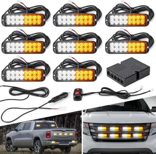 Kit de Luces Estroboscópicas LED Ámbar Blanco - 8PCS 16-LED Luz de Advertencia de Peligro Intermitente de Emergencia 12V Función de Sincronización
