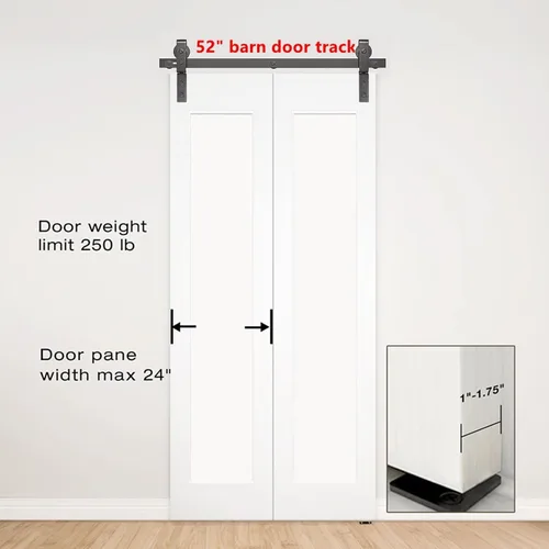Miniatura 2 de Kit de herrajes para puerta de granero plegable de 52 pulgadas para 2 puertas, rodillo resistente montado en riel negro y en la parte superior, kit