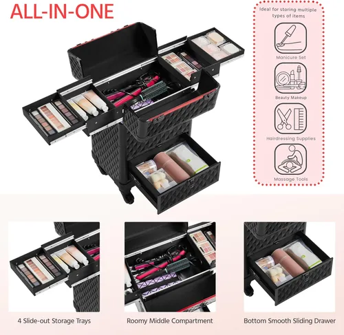 Miniatura 3 de Yaheetech Estuche de Maquillaje Tipo Tren con Ruedas, Estuche de Aluminio para Cosméticos con Ruedas, Estuche de Barbero para Salón, Carrito