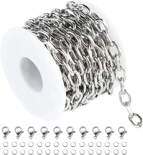 Miniatura 13 de 16.4 pies de cadenas de acero inoxidable plateadas para hacer joyería, collar pesado de hip-pop para hombres, cadena de eslabones en relieve a Rolo