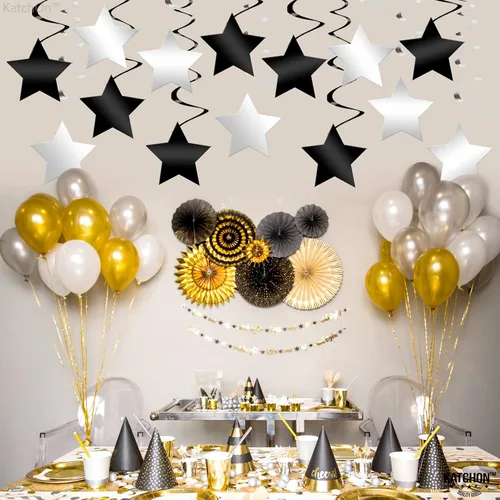 Miniatura 8 de KatchOn, Remolinos colgantes de estrellas negras y plateadas, paquete de 32, decoraciones de techo de estrella para cumpleaños, remolinos