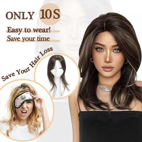 Miniatura 4 de UDU Hair Toppers para mujer: Fibra sintética, marrón ceniza, multicapa, largo y lacio, ondulado, con clip en pelucas con flequillo Marrón