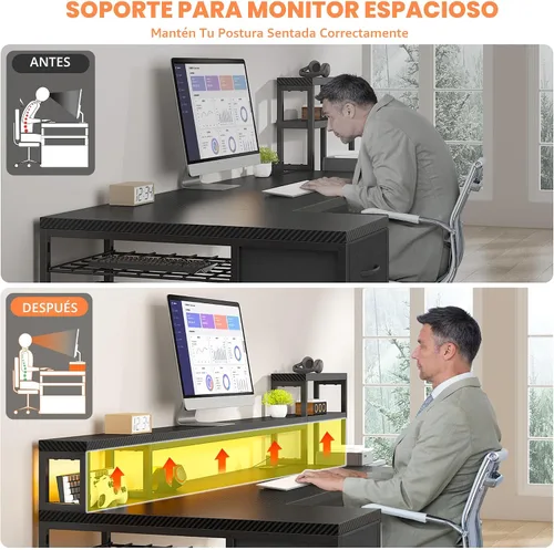 Miniatura 7 de Escritorio para juegos en forma de L de 71 pulgadas con 3 cajones y estante superior, escritorio para computadora con soporte para monitor y toma