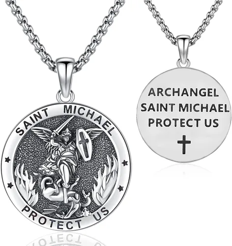 Miniatura 211 de Odinstone Collar de plata de ley 925 con medalla de San Miguel/San Cristóbal/San Benito/Crucifijo de Jesús/San Uriel/Arcángel Rafael para hombres