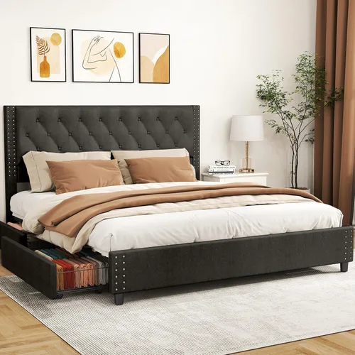 Miniatura 13 de EVLIQUIL - Marco de cama de tamaño matrimonial con 4 cajones de almacenamiento y cabecero, color beige Upholstered Platform Bed Frame with Wood