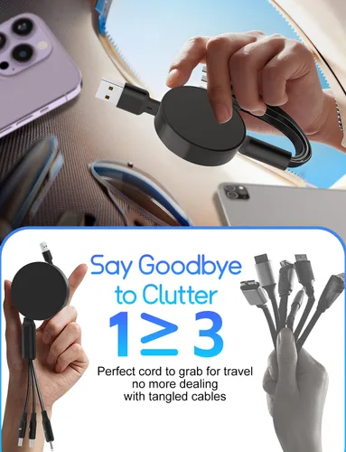 Miniatura 8 de Herfair Cable USB C retráctil de 5 A/100 W, cable de carga múltiple 3 en 1, cable de carga rápida para iPhone, iPad, Android, tableta, laptop