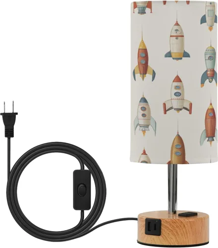 Rocketships Retro Dimmable Bedside Touch Lamps with Charging Ports for Living Room Bedroom Nightstand Office Desk, Light Bulb Included