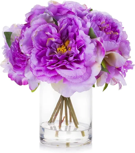 Miniatura 11 de ENOVA FLORAL Flores de seda de peonías en jarrón, flores falsas con agua sintética en jarrón de vidrio para decoración de mesa de comedor, centros