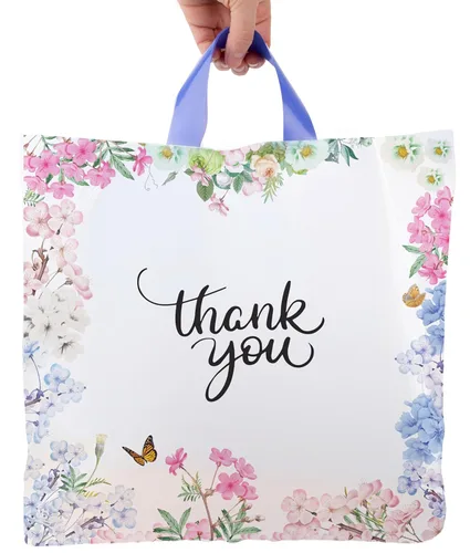 Miniatura 7 de Purple Q Crafts Bolsas de agradecimiento con asa de bucle suave para negocios minoristas, paquete de 50 bolsas de plástico floral de 15 pulgadas