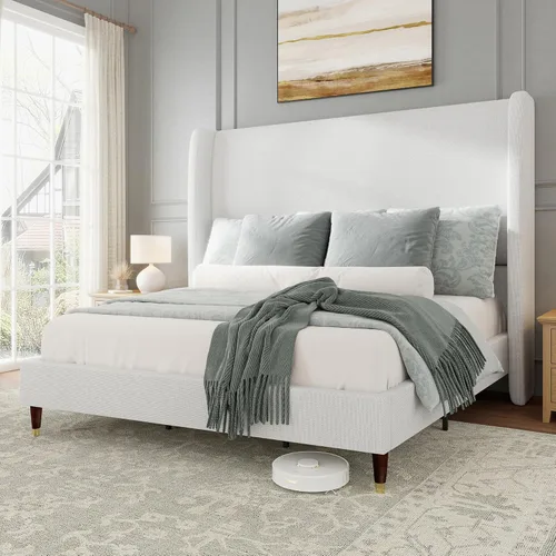 Jocisland - Base de cama tapizada tamaño Queen con cabecera de ala alta de 51.2" con patas de madera maciza, no necesita cajón de resortes, color