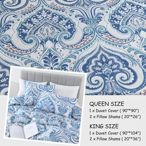 Miniatura 4 de Bedduvit Juego de funda de edredón 100% algodón, tamaño Queen, damasco azul, con cierre de cremallera y 8 lazos en las esquinas, 3 piezas