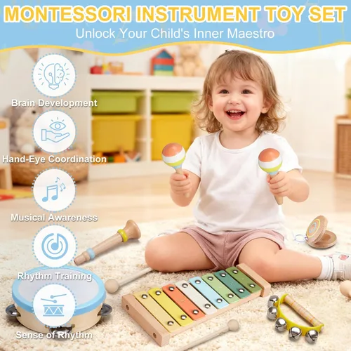 Miniatura 4 de Juego de instrumentos musicales para bebés, juguetes de música de madera Montessori para niños pequeños de 3, 4, 5 años, kit de música de percusión