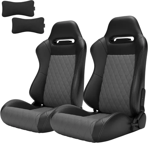 Miniatura 13 de 2 piezas de asientos universales de carreras con deslizadores de doble bloqueo, 1 par de asientos de cubo de cuero PVC con dos almohadas de Negro