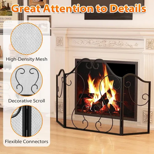 Miniatura 7 de Tangkula Pantalla de chimenea de 3 paneles, cubierta plegable de protección contra chispas con pergamino decorativo, puerta de chimenea