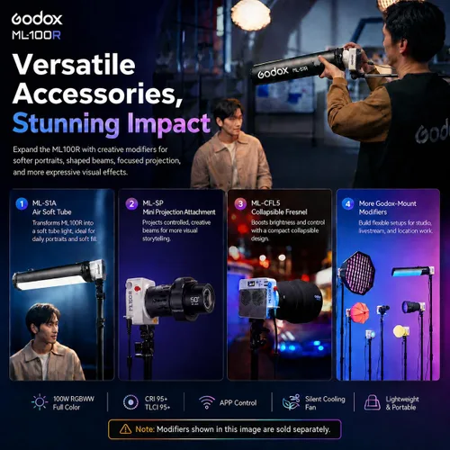 Miniatura 7 de Godox ML100R 110W RGB LED luz de video, con reflector intercambiable de 15°/1800-10000K CCT/14 efectos FX cinematográficos/múltiples opciones