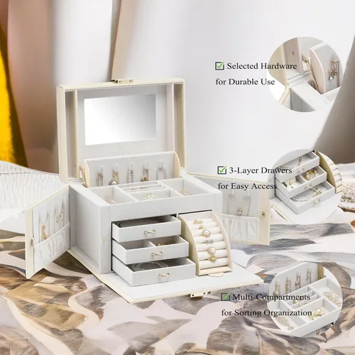 Miniatura 3 de Vlando Organizador de joyero con espejo, caja de almacenamiento de joyería de cuero, collares, aretes, anillos, soportes, relojes, caja