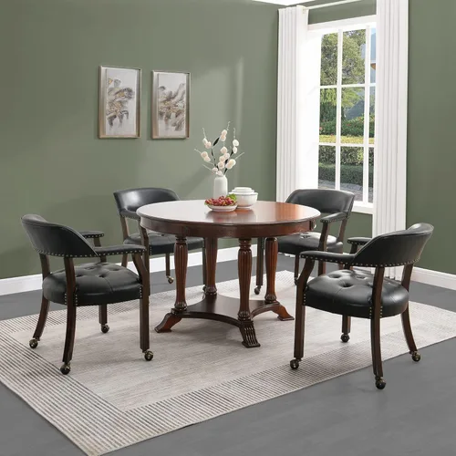 Miniatura 27 de Juego de 8 sillas de cuero de comedor con ruedas y brazos, silla de capitán Accent con ruedas, sillas de madera con ruedas enrollables para cocina