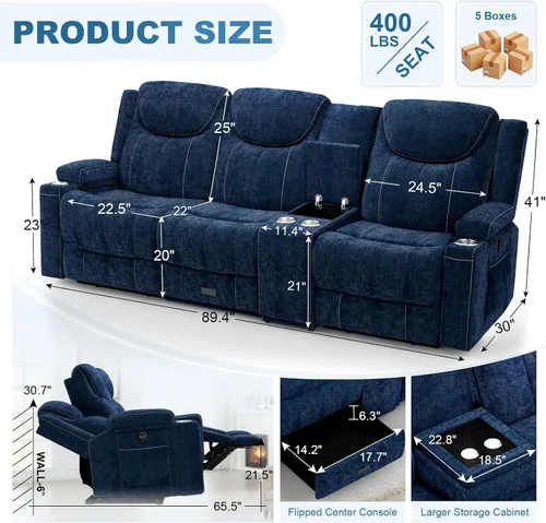 Miniatura 2 de Dresegmt Sofá reclinable, 2 vías multifunción manual de 3 plazas con portavasos, almacenamiento y puertos USB, moderno sofá multifuncional, sofá