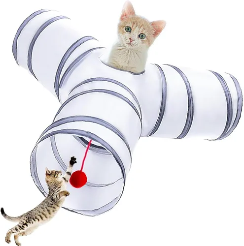 Miniatura 8 de Túnel para gatos, tubos de juguete, túneles para gatos de interior, juguete interactivo plegable de 3 vías en azul con bolas para conejos, gatitos