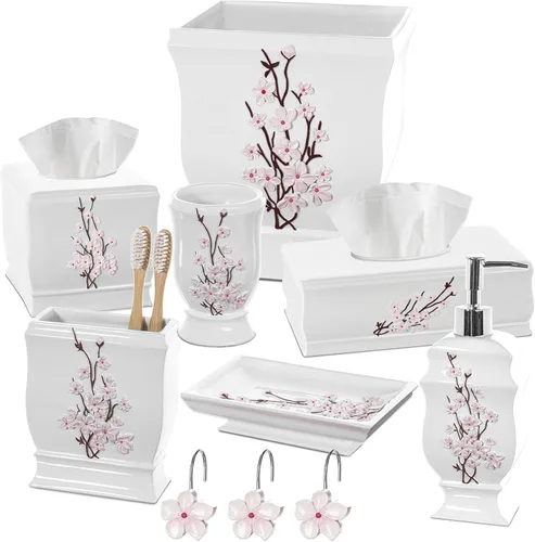 Miniatura 7 de Creative Scents Vanda - Juego de accesorios de baño blanco con flor de cerezo, juego de 4 dispensadores de jabón de baño floral incluye: dispensador
