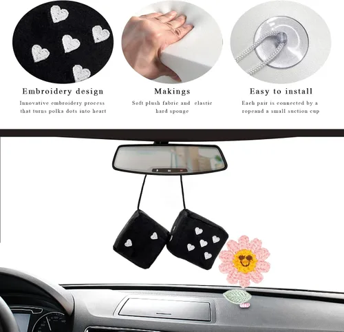 Miniatura 3 de 1 par de dados de felpa mullidos para espejo de automóvil, dados cuadrados retro de 3 pulgadas con forma de corazón, adorno colgante de dados retro