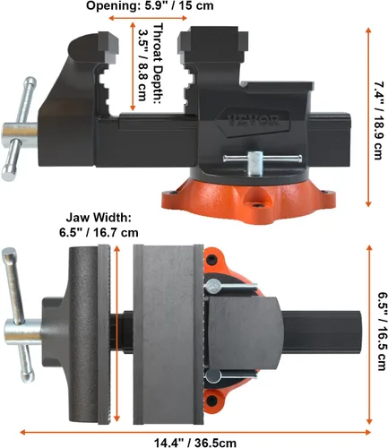 Miniatura 8 de VEVOR Tornillo de banco, ancho de mordaza de 6.5", apertura de 6.5" hacia adelante y 9.3" hacia atrás, base giratoria con bloqueo de 360 grados