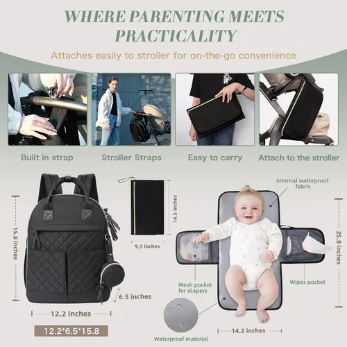 Miniatura 4 de Mochila para pañales con cambiador, bolsas de maternidad grandes para recién nacidos, 18 bolsillos, bolsillos aislados, correas para cochecito, Negro