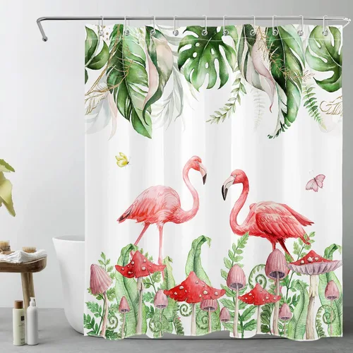 Juego de cortinas de ducha de flamenco rosa, hoja verde salvia con hongo rojo, cortina de ducha para baño, cortina de ducha tropical de hoja de