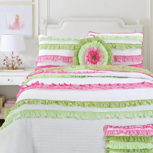 Miniatura 27 de Cozy Line Home Fashions Juego de ropa de cama acolchado reversible de niña con volantes rosa claro y azul de 100% algodón, colcha, cubrecama