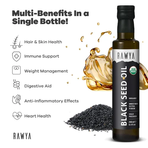 Miniatura 2 de RAWYA Aceite de semilla negra – Nigella sativa orgánica prensada en frío – Origen turco – USDA Orgánico – Suplemento natural – Aceite de semilla