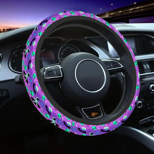 Miniatura 15 de Funda para Volante de Coche de Cráneo Humano Cráneo Sonriente Siniestro en Estilo Retro con Texto Manuscrito Funda para Volante de Coche Decoración