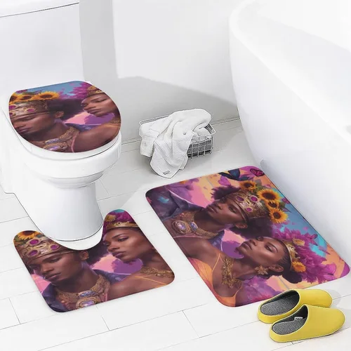 Miniatura 3 de Juego de 3 alfombras y tapetes de baño, diseño de amor romántico afro, negro, King, Queen, antideslizante, American Couplebut, lavable a máquina