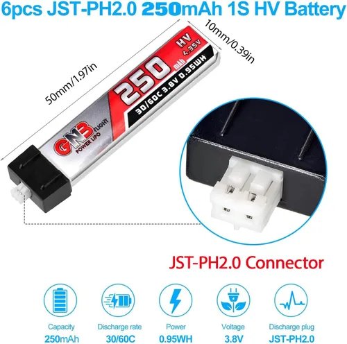 Miniatura 2 de 6pcs 250mAh 1S Batería 3.8V LiHV 30C/60C JST-PH2.0 Conector LiPo Batería para Emax Tinyhawk, Mobula7 FPV Racing Drone