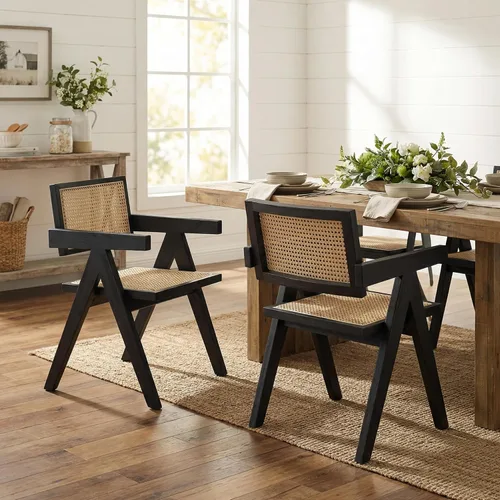 Hyfirm Juego de 2 sillas de comedor de ratán negro, sillas de comedor de madera y caña de granja con asiento de bastón, sillones de cocina de ratán