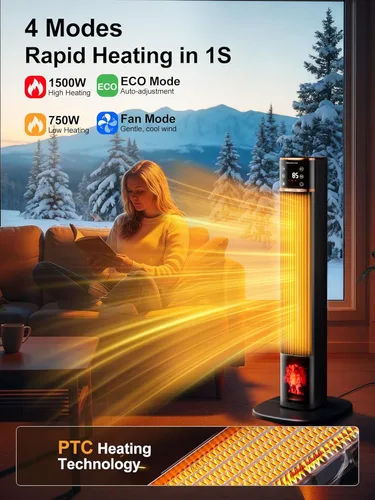 Miniatura 2 de Uthfy Calentadores de espacio para uso en interiores, calentadores de cerámica PTC grandes con llama 3D, calentador eléctrico de 1500 W