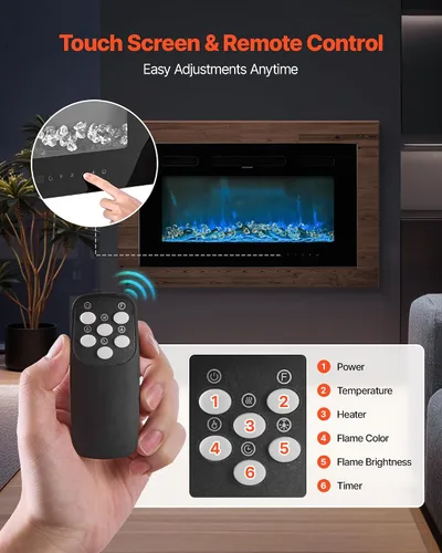 Miniatura 5 de VEVOR Chimenea eléctrica de 42 pulgadas, chimenea empotrada en la pared con control remoto, temporizador, 1500 W, brillo de color de llama