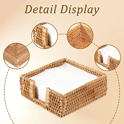 Miniatura 7 de Servilletero cuadrado de ratán, 7 × 7 × 2.4 pulgadas Servilleteros para servilletas de papel Toallero tejido para invitados, soporte rústico