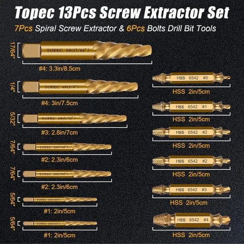 Miniatura 2 de TOPEC Juego de Extractor de Tornillos Pequeños, 13 Piezas Herramienta de Extracción de Tornillos Dañados, Kit HSS 6542 Easy Out para Sujetadores