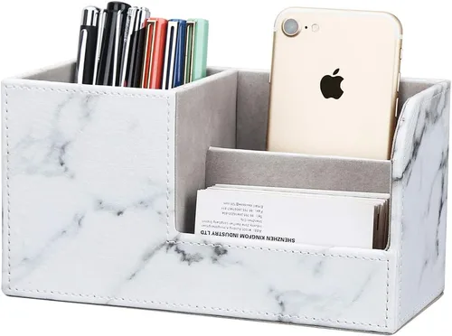 Miniatura 10 de KINGFOM Organizador de escritorio caddy de suministros de oficina de cuero PU, caja de almacenamiento multifunción para bolígrafo/lápiz, teléfono
