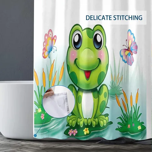 Miniatura 3 de Juego de 4 cortinas de ducha con diseño de rana divertida color verde con tapete de baño, diseño de rana en hojas, tapete de baño para niños, tapete