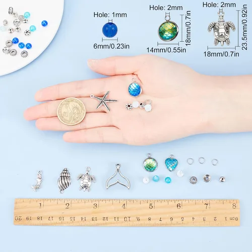 Miniatura 3 de SUNNYCLUE 1 caja de 270 piezas de kit de fabricación de pulseras con tema oceánico, cuentas de cristal coloridas de 0.236 in, tortugas, sirenas