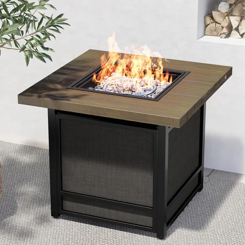 Grand Patio - Hoguera de propano de 29 pulgadas al aire libre, mesa de hoguera cuadrada sin humo con base de cuerda, superficie de madera ligera