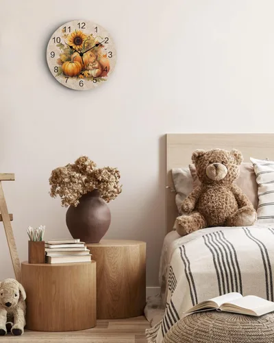 Miniatura 5 de Reloj de pared silencioso de PVC de 10 pulgadas, redondo, con girasol, calabaza, otoño, Acción de Gracias, reloj colgante para cocina, sin tictac
