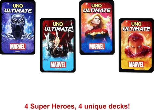 Miniatura 4 de Mattel Games UNO Ultimate Marvel Juego de Cartas con 4 cartas coleccionables de papel metalizado, barajas temáticas de personajes y reglas
