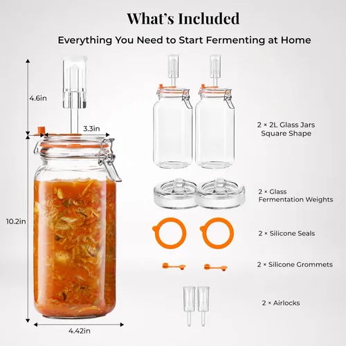 Miniatura 2 de JILLMO Tarro de fermentación, kit de fermentación de vidrio de 2 litros con pesas y esclusas de fermentación para kombucha, chucrut, paquete de 2